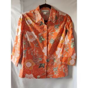 Eileen Dale Womens Floral Button Shirt‎ 3/4 Sleeve Collared Orange Size 10